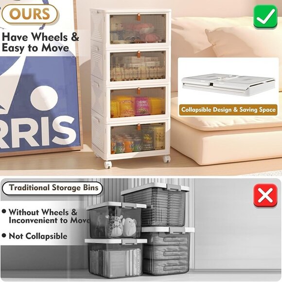 NEW 4 Tier Plastic Storage Bins with Lid,Stackable Storage Containers with Wheel - Picture 6 of 9